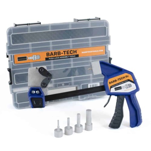 Barb-Tech IIc Hose assembly tool kit for industrial hose assembly applications. Shows the entire kit, 1. Mandrels, 2. hose assembly tool and 3. The case.